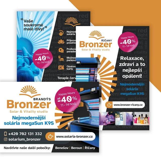 Reklamní grafika a tiskoviny solárního studia Bronzer