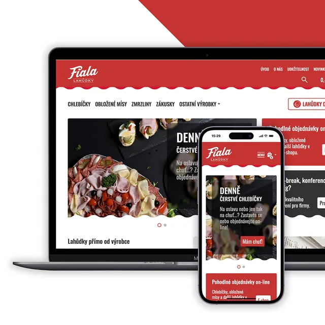 Web Lahůdky Fiala na notebooku a mobilním telefonu